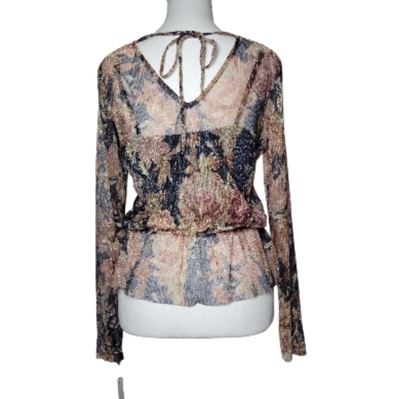 SALE NWT Brannan Metallic Floral Peplum Blouse Long Sheer Sleeve Tie Back M - Picture 3 of 13